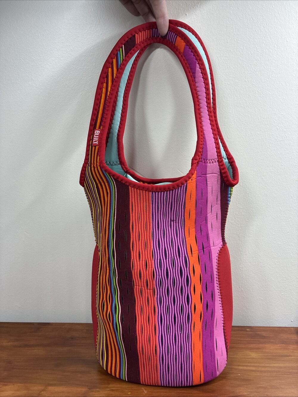 BUILT NY Neoprene Wine Bottle Tote Insulated Striped Laser Cut Multi Color Bag